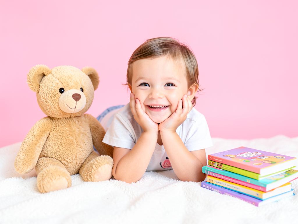 A happy child lying beside a teddy bear and a stack of colorful children's books