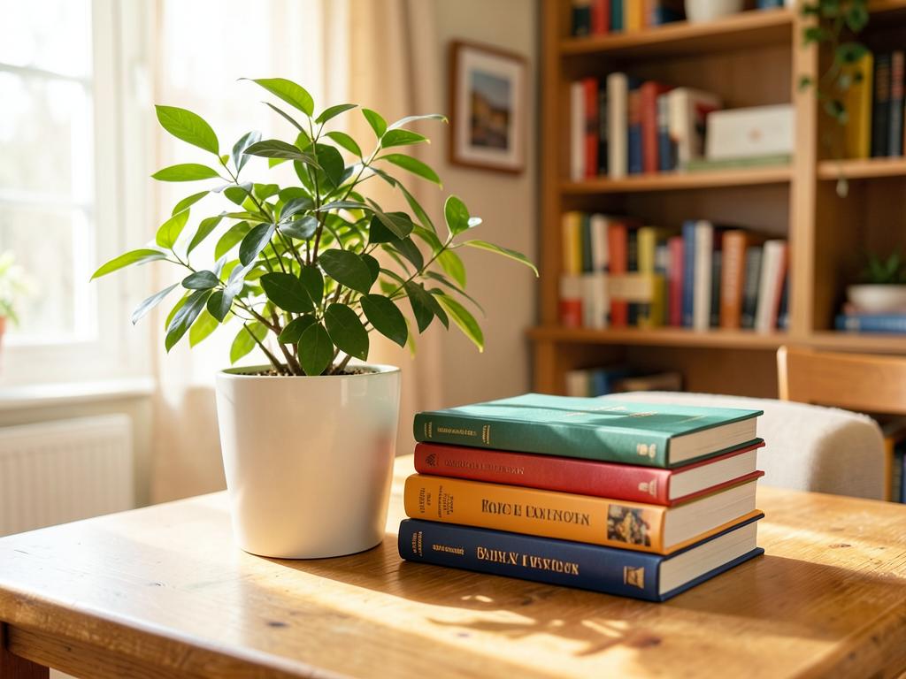 A plant beside a neat stack of hardcover books on a wooden table